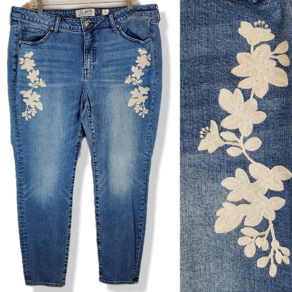 Lucky Brand Lolita Skinny Embroidered Floral Blue Jeans Pants Size 16W Womens